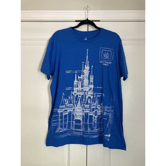 Disney Parks Womens Tshirt Blue White Blueprints of Cinderella Castle Size Large - Picture 1 of 8
